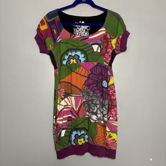 Desigual Women's Printed Round Neck Casual Blouson Dress Green/Purple Large - Picture 1 of 10